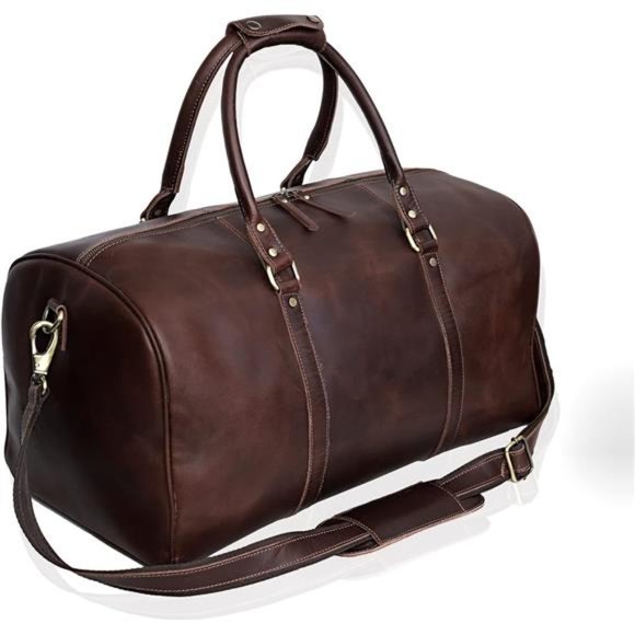Unisex Leather Large Duffel Bag with Shoe Compartment Dark Brown